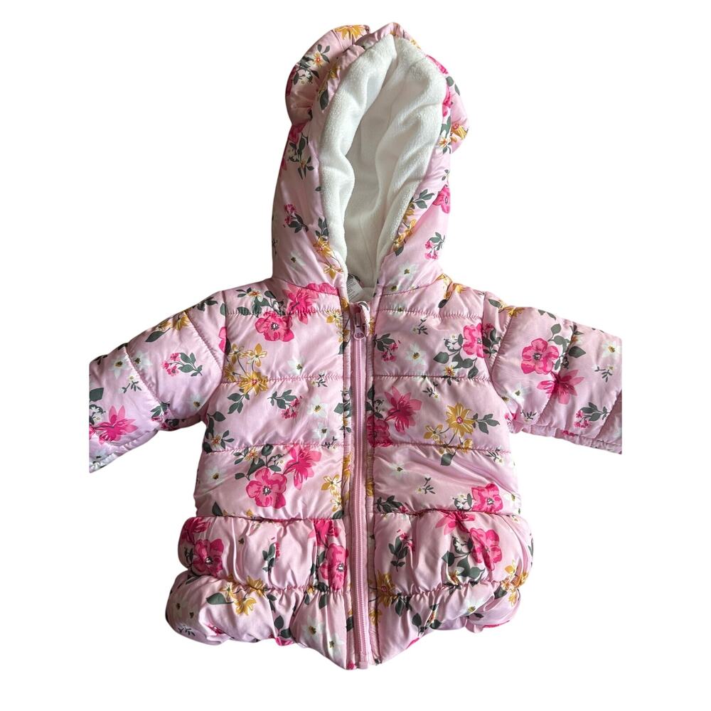 Little Beginnings Floral Hooded Puffer Jacket Bear Ears Pink 12 Months - Picture 6 of 8